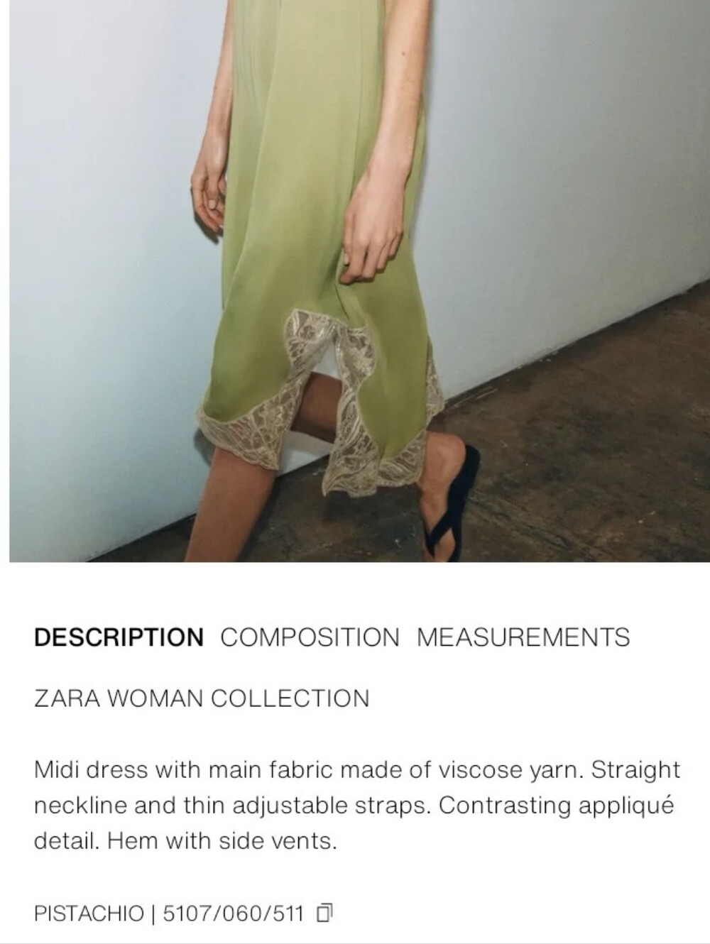 Zara Zw Collec Lace-Trim Slip Dress - Sage Green Midi Feminine Casual Dress Sz-L - Picture 15 of 15